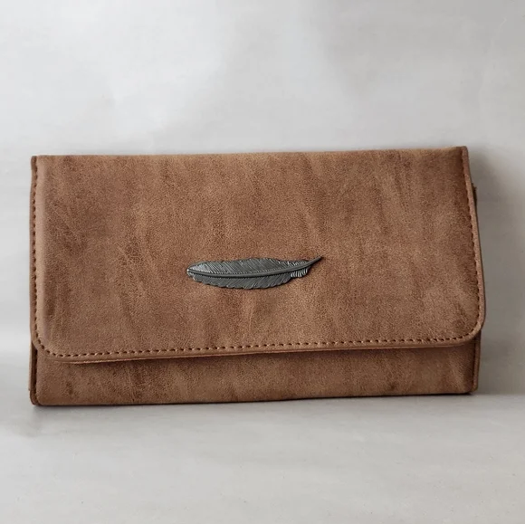 Brown Suade Wallet with Silver Feather Accent - Picture 1 of 5